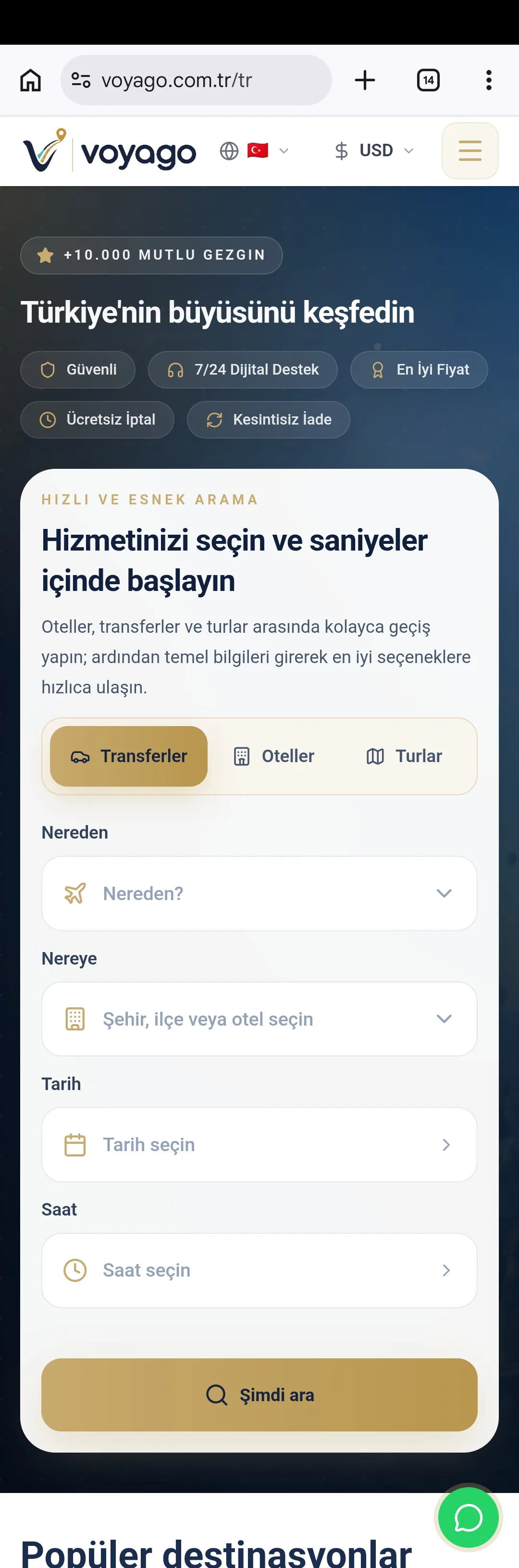 voyagoo.com.tr — transfer, otel ve tur aramasını tek ekranda sunan ana sayfa