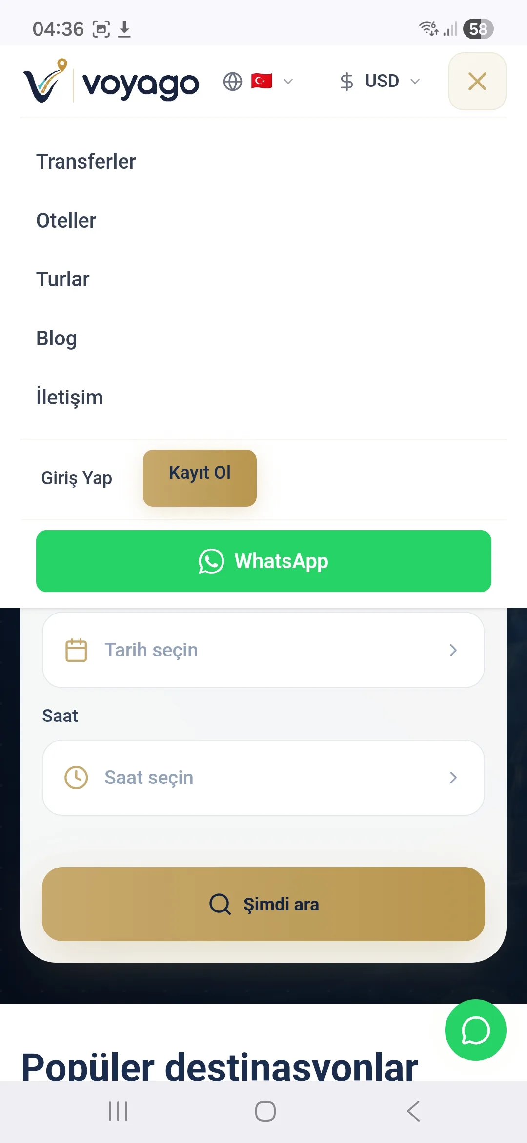 Voyago mobil menüsü — Transferler, Oteller, Turlar ve WhatsApp